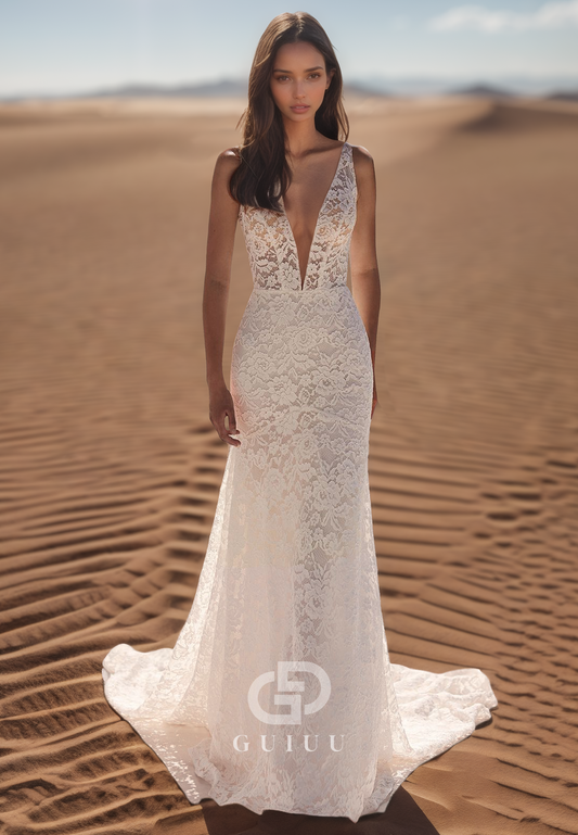 Spaghetti Straps Deep V-Neck Sweep Train Corset Lace Mermaid Wedding Dress