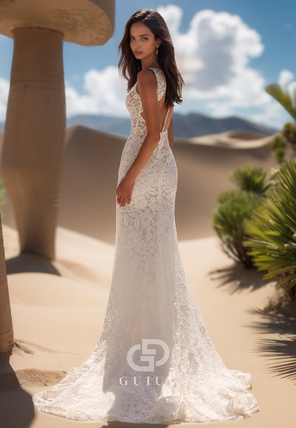 Spaghetti Straps Deep V-Neck Sweep Train Corset Lace Mermaid Wedding Dress