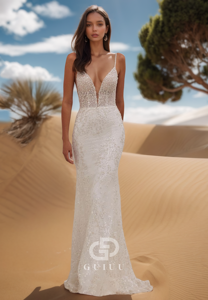 Deep V-Neck Spaghetti Straps Corset Sequins Mermaid Wedding Dress