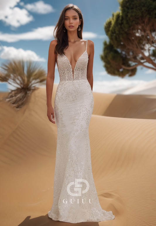 Deep V-Neck Spaghetti Straps Corset Sequins Mermaid Wedding Dress