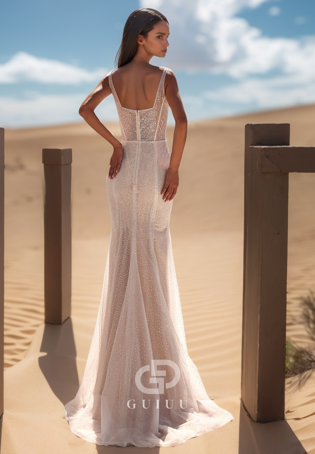 Spaghetti Straps Square Corset Ruched Side Slit Romantic Wedding Dress