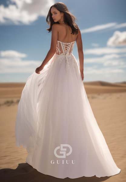 A-Line Sleeveless Strapless Corset Tulle Illusion Lace Wedding Dress