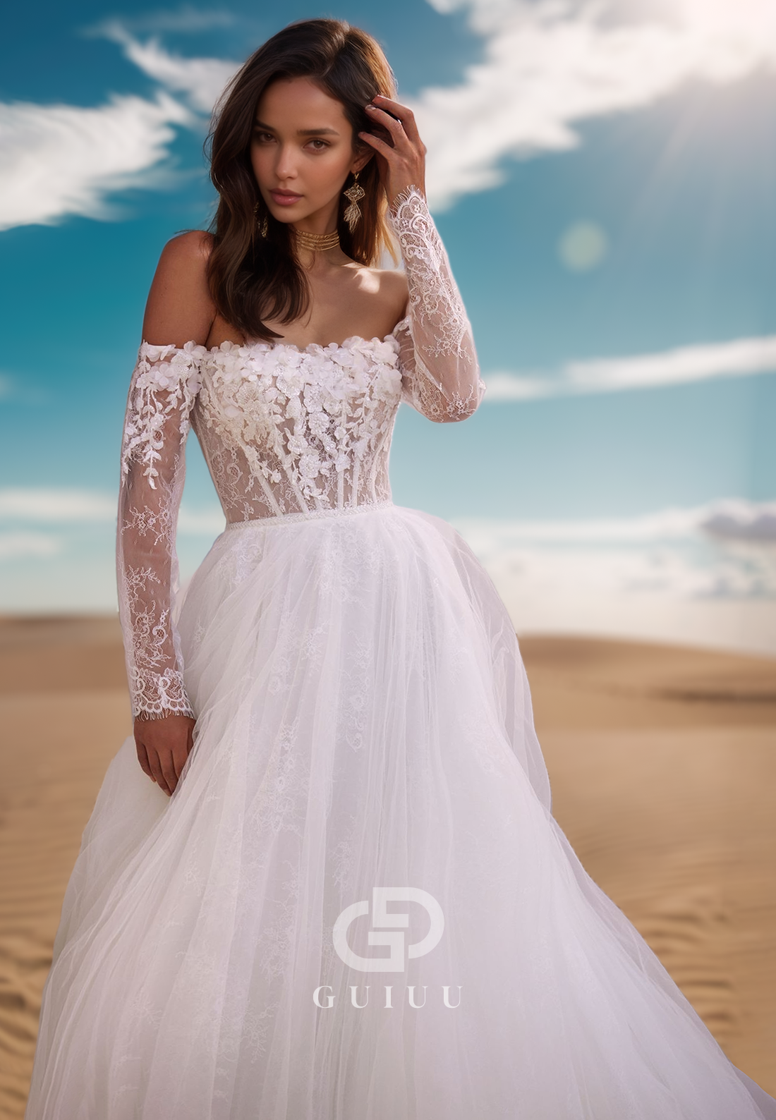 A-Line Long Sleeves Off-Shoulder Corset Sweep Train Lace Wedding Dress