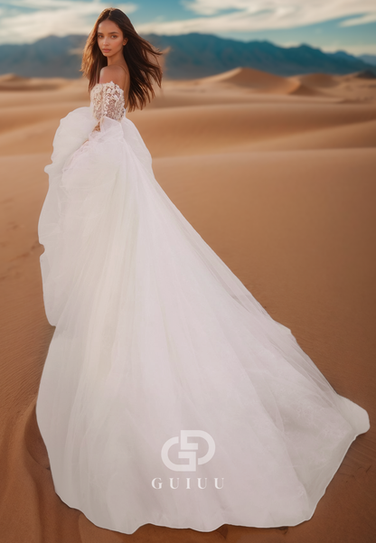 A-Line Long Sleeves Off-Shoulder Corset Sweep Train Lace Wedding Dress