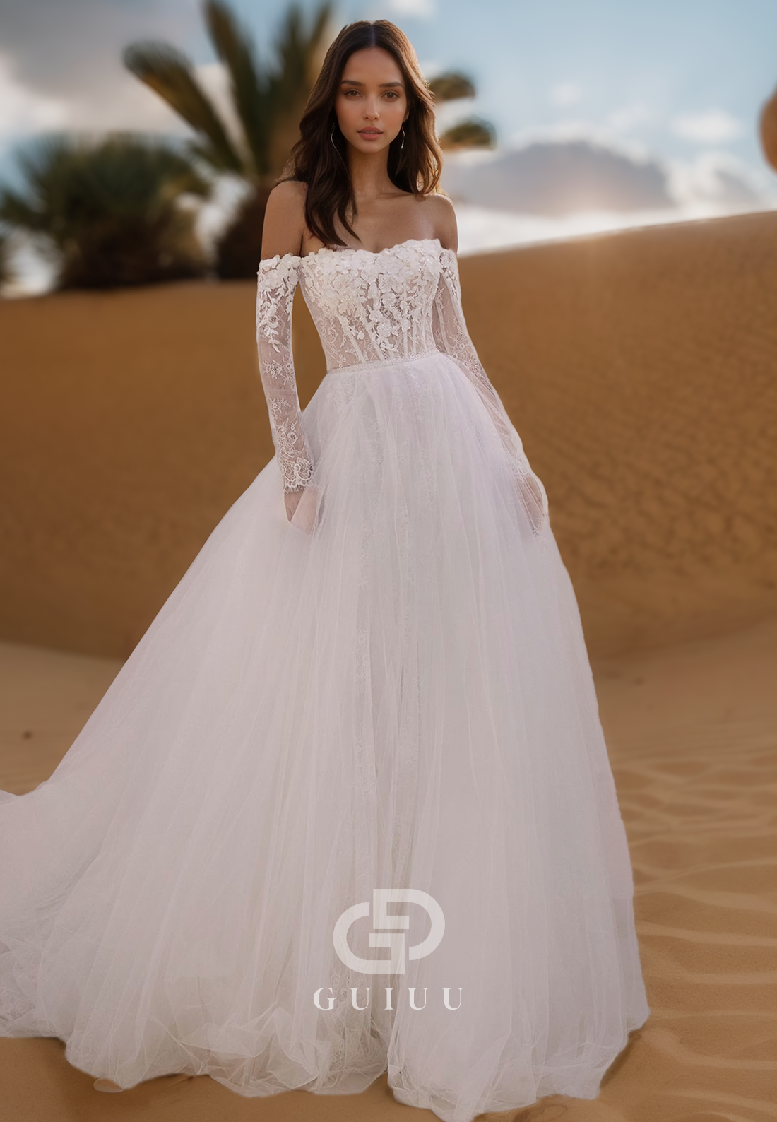 A-Line Long Sleeves Off-Shoulder Corset Sweep Train Lace Wedding Dress