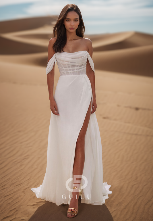 Simple Off-Shoulder Sleeveless Empire-Waist Slit Satin Wedding Dress
