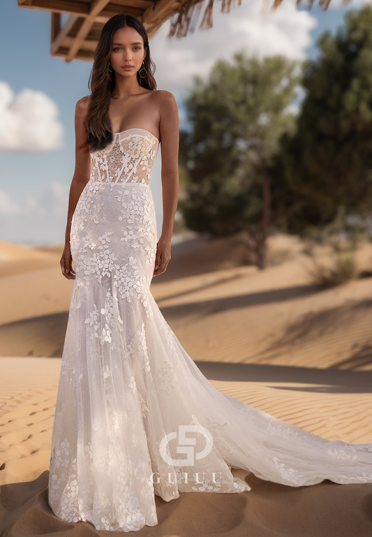 Strapless Sleeveless Corset Tulle Appliques Lace Mermaid Wedding Dress