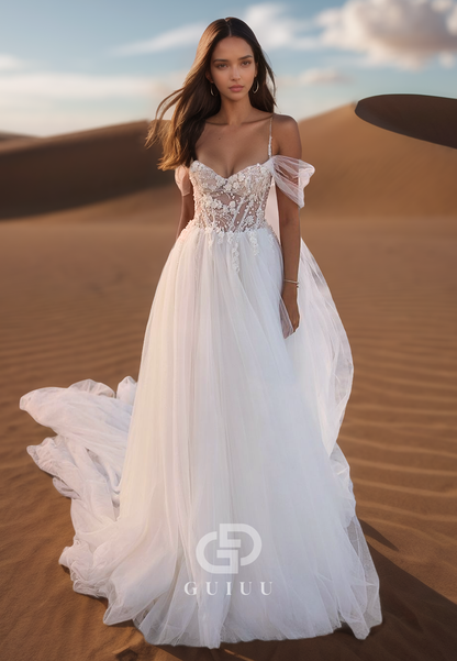 A-Line Spaghetti Straps Sweetheart Corset Tulle Appliques Lace Wedding Dress