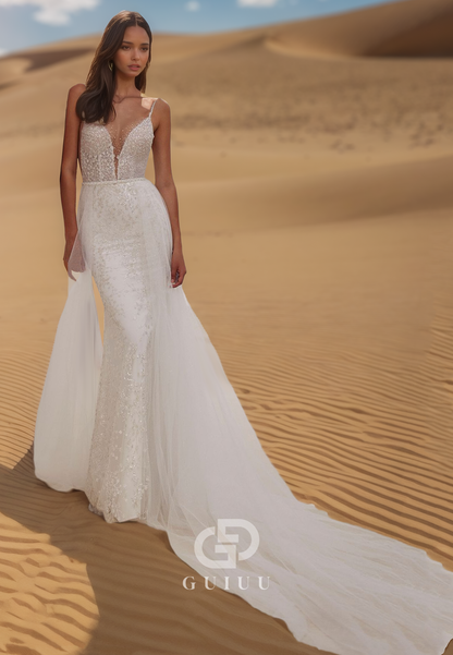 Deep V-Neck Spaghetti Straps Corset Sequins Mermaid Wedding Dress