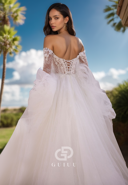 A-Line Long Sleeves Off-Shoulder Corset Sweep Train Lace Wedding Dress