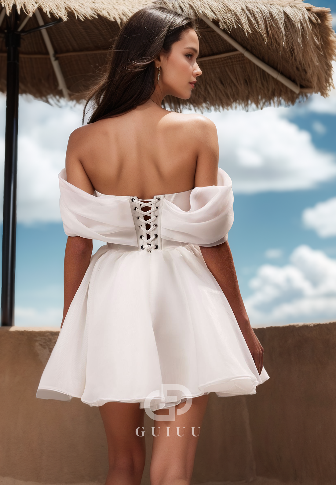 Cap Sleeveless Off-Shoulder Corset Short Satin Wedding Dress