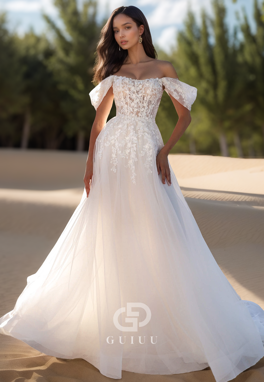 A-Line Off-Shoulder Cap Sleeves Corset Tulle Lace Wedding Dress