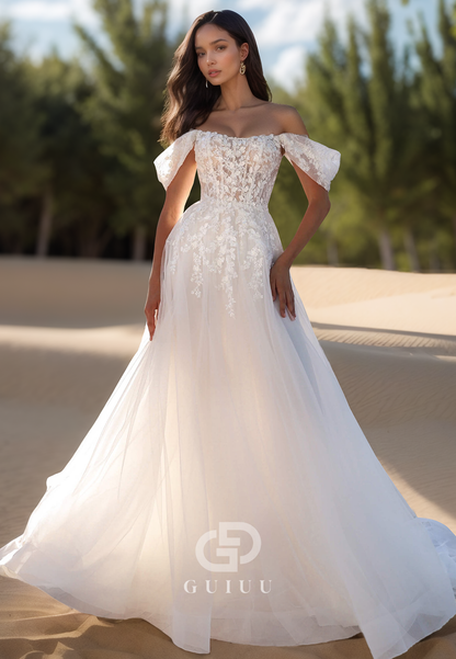 A-Line Off-Shoulder Cap Sleeves Corset Tulle Lace Wedding Dress