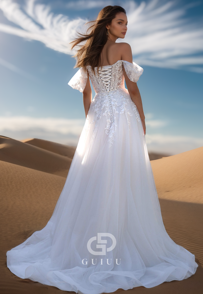 A-Line Off-Shoulder Cap Sleeves Corset Tulle Lace Wedding Dress