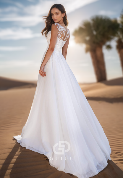 A-Line Scoop Sleeveless Corset Tulle Slit Lace Wedding Dress
