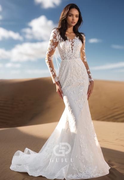 Mermaid Long Sleeves Sweetheart Corset Tulle Romantic Wedding Dress