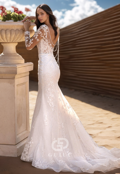 Mermaid Long Sleeves Sweetheart Corset Tulle Romantic Wedding Dress