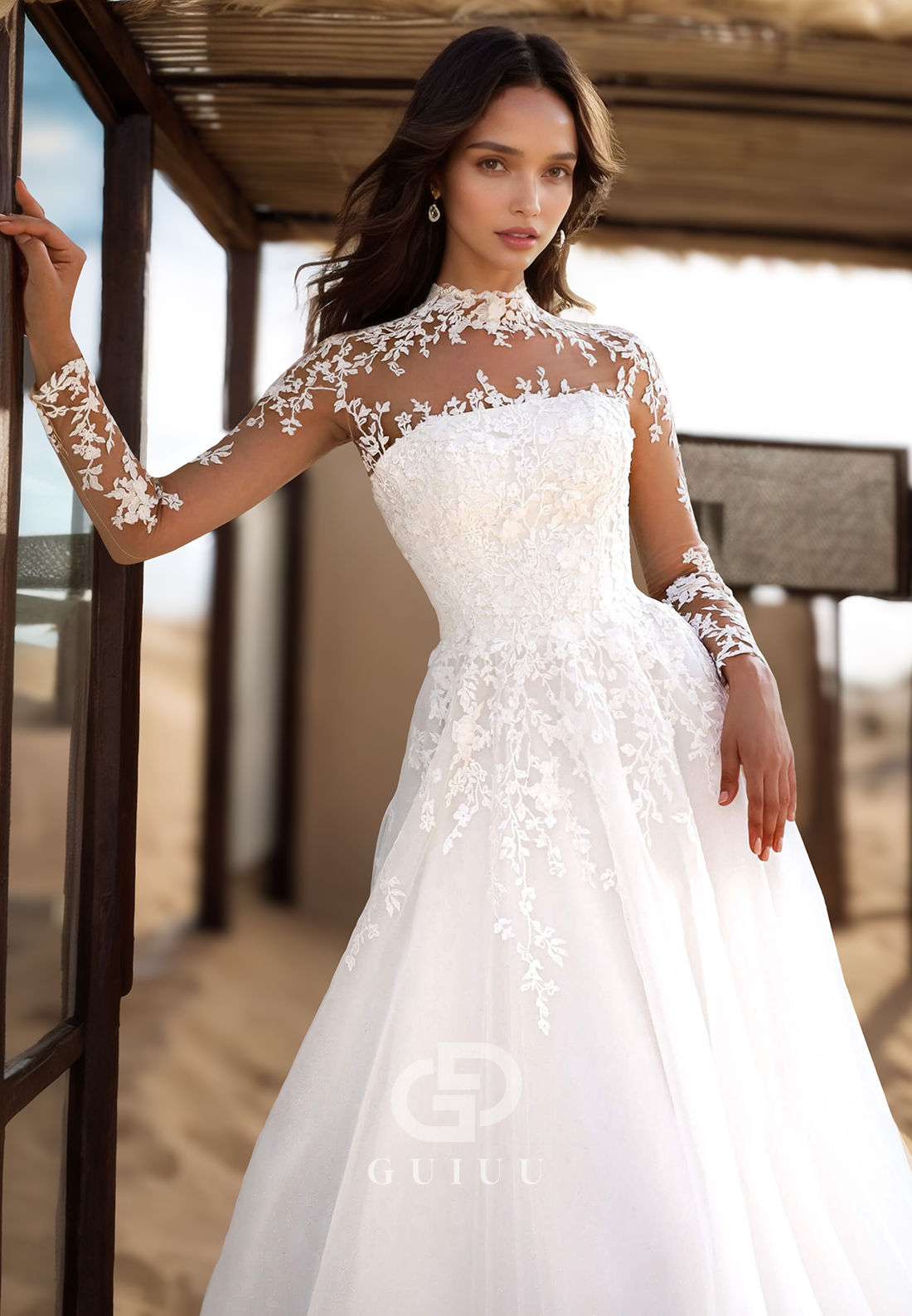 A-Line Long Sleeves High Neck Lace Wedding Dress
