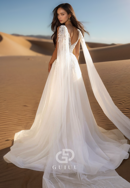 Spaghetti Straps V-Neck Empire-Waist Satin Wedding Dress