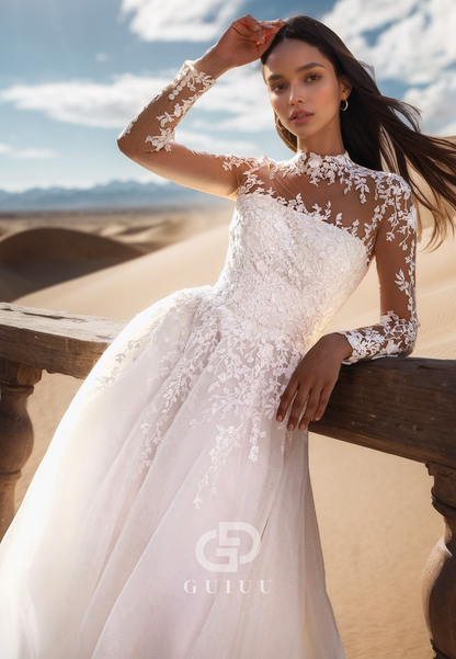 A-Line Long Sleeves High Neck Lace Wedding Dress