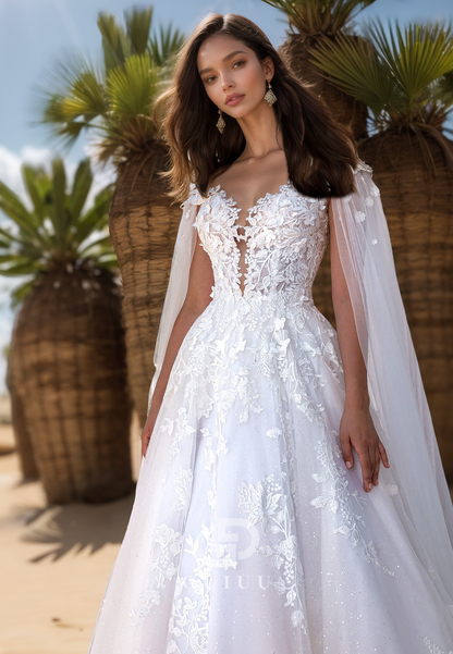 Elegant A-Line Scoop Cap Sleeves Floral Appliques Lace Wedding Dress