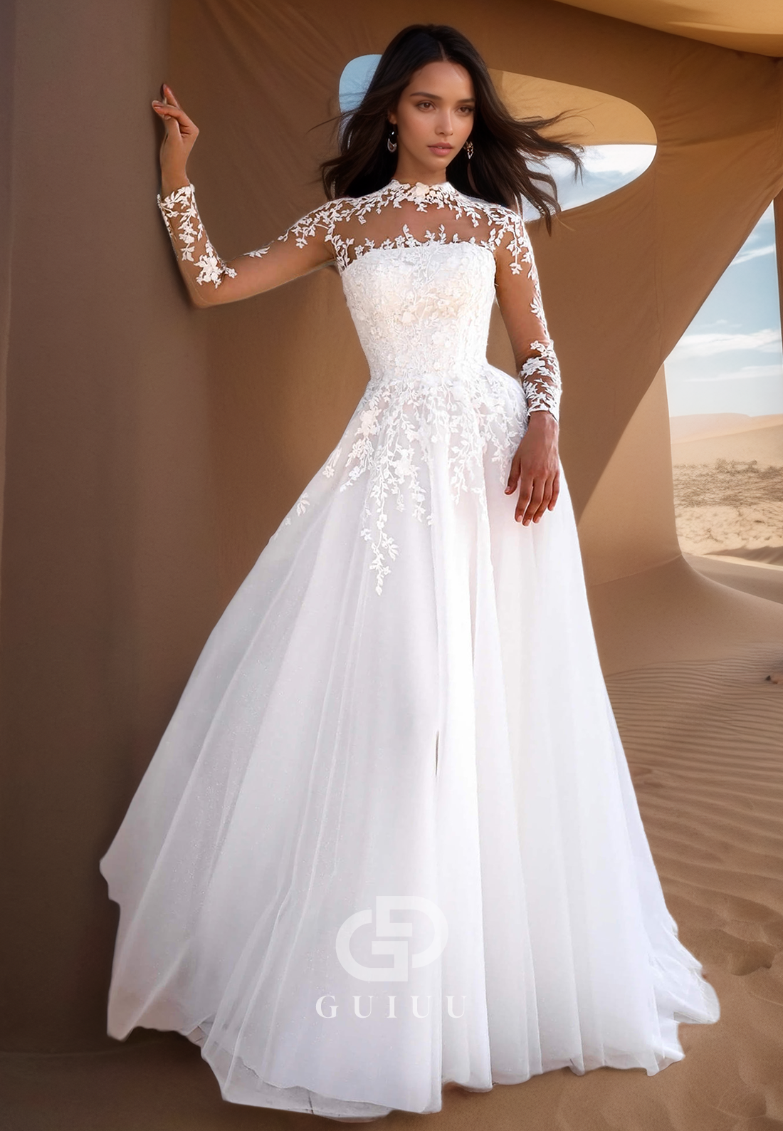 A-Line Long Sleeves High Neck Lace Wedding Dress