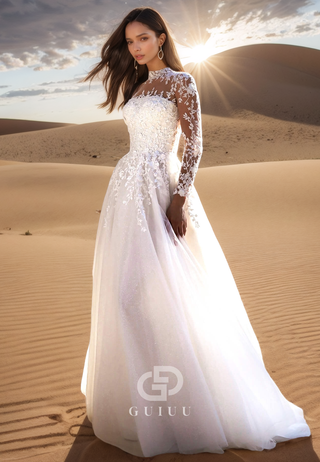A-Line Long Sleeves High Neck Lace Wedding Dress
