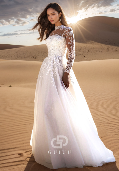 A-Line Long Sleeves High Neck Lace Wedding Dress