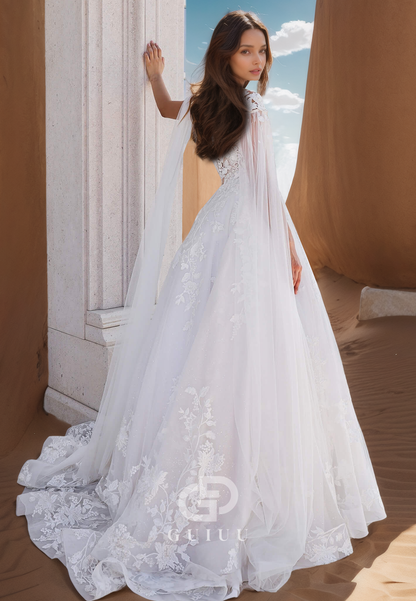 Elegant A-Line Scoop Cap Sleeves Floral Appliques Lace Wedding Dress