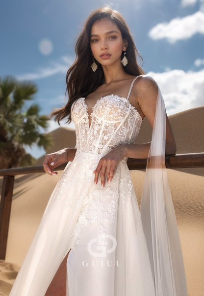 Spaghetti Straps Sweetheart Slit Empire-Waist Lace Wedding Dress