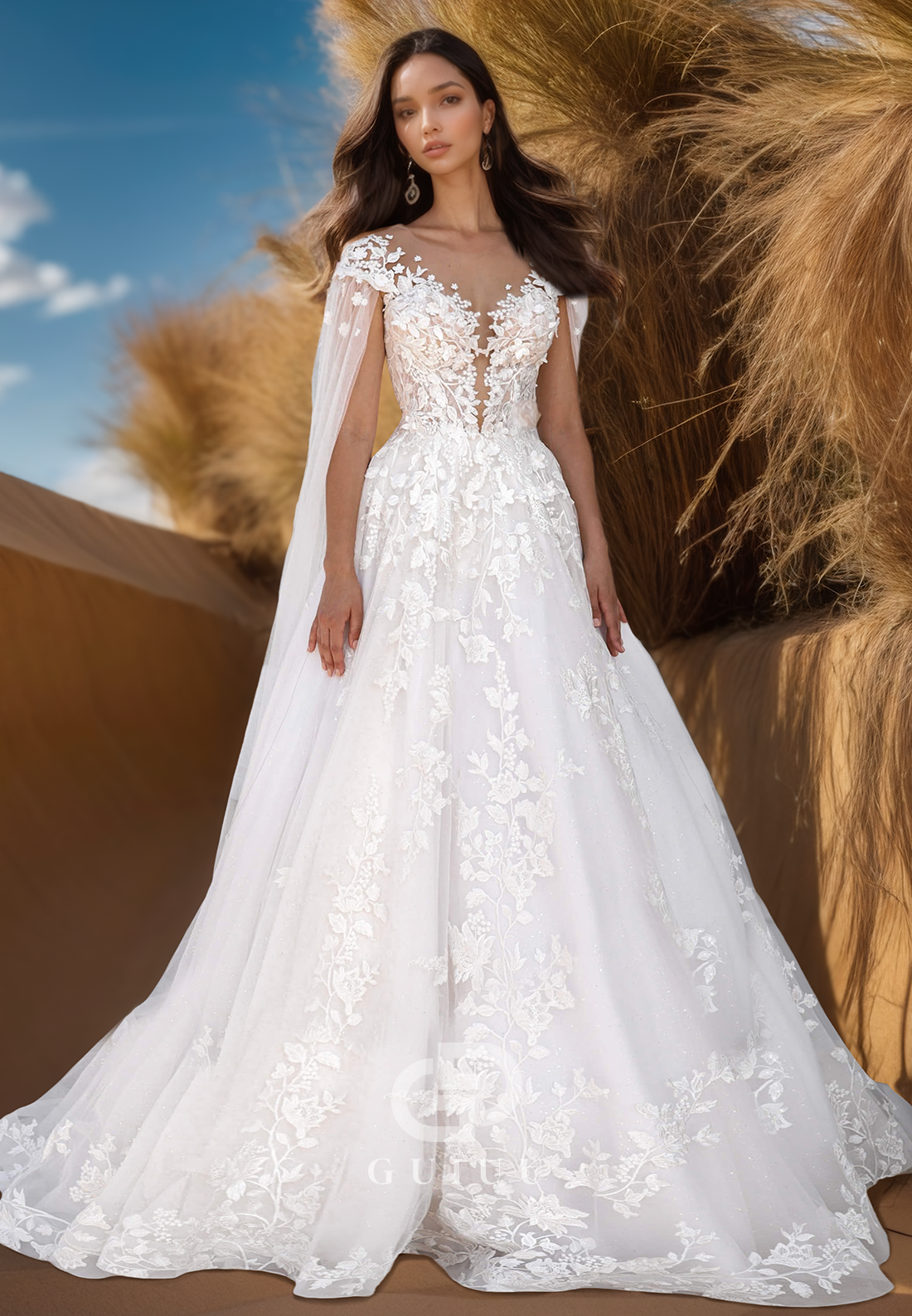 Elegant A-Line Scoop Cap Sleeves Floral Appliques Lace Wedding Dress