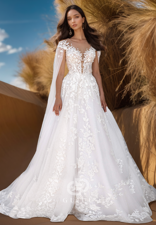 Elegant A-Line Scoop Cap Sleeves Floral Appliques Lace Wedding Dress