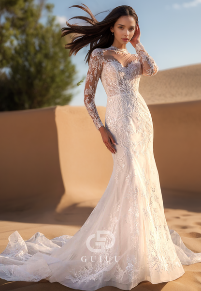 High Neck Long Sleeves Floral Appliques Mermaid Wedding Dress