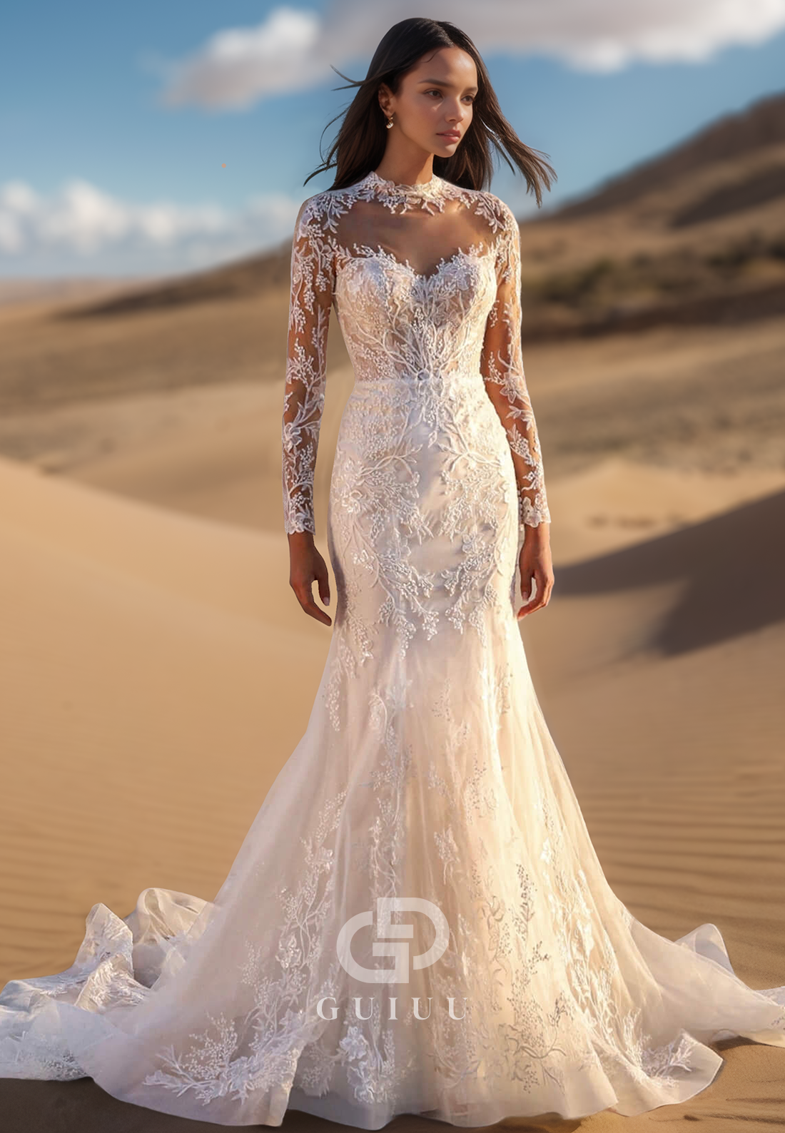 High Neck Long Sleeves Floral Appliques Mermaid Wedding Dress