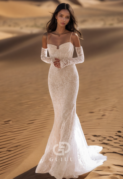 Spaghetti Straps Sweetheart Appliques Backless Mermaid Wedding Dress