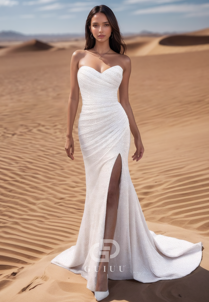 Sheath Sleeveless Sweetheart Side Slit Sweep Train Satin Wedding Dress