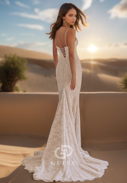 Spaghetti Straps Sweetheart Appliques Backless Mermaid Wedding Dress