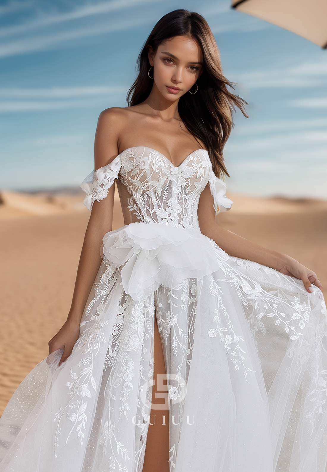 A-Line Off-Shoulder Sleeveless Corset Tulle Slit Appliques Lace Wedding Dress