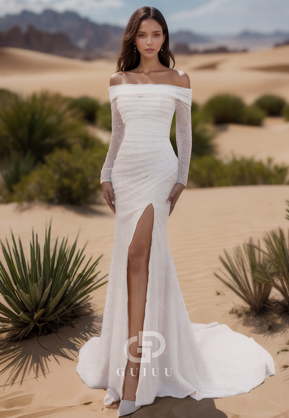 Sheath Sleeveless Sweetheart Side Slit Sweep Train Satin Wedding Dress