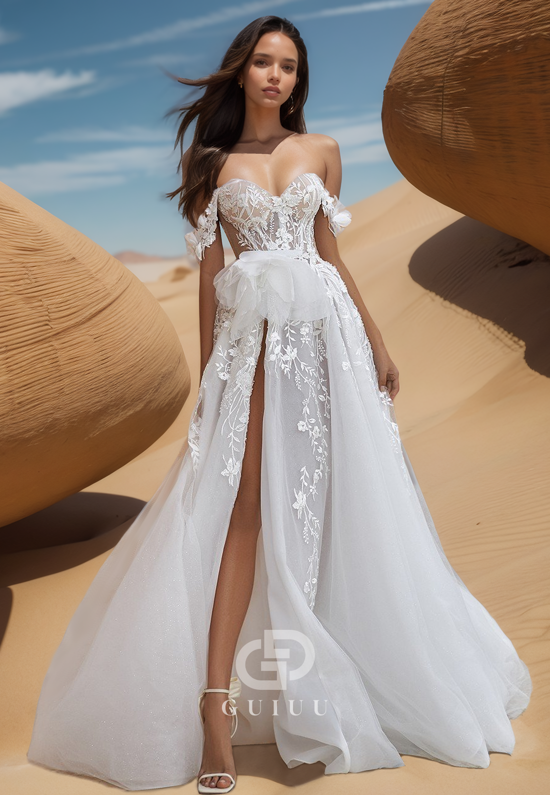 A-Line Off-Shoulder Sleeveless Corset Tulle Slit Appliques Lace Wedding Dress