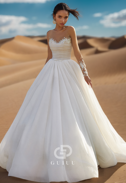 Long Sleeves Scoop Appliquies Court Train Lace Wedding Dress