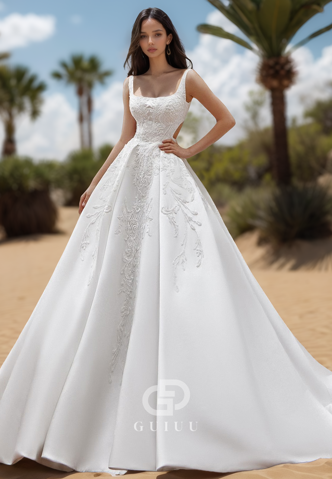 Elegant Spaghetti Straps Square Empire-Waist Satin Wedding Dress