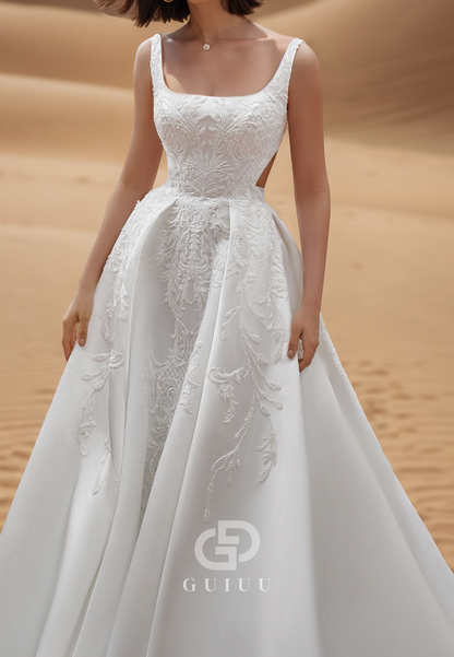 Elegant Spaghetti Straps Square Empire-Waist Satin Wedding Dress
