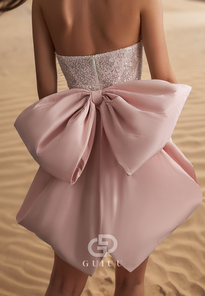 A-Line Sleeveless Strapless Bowknot Short Satin Wedding Dress