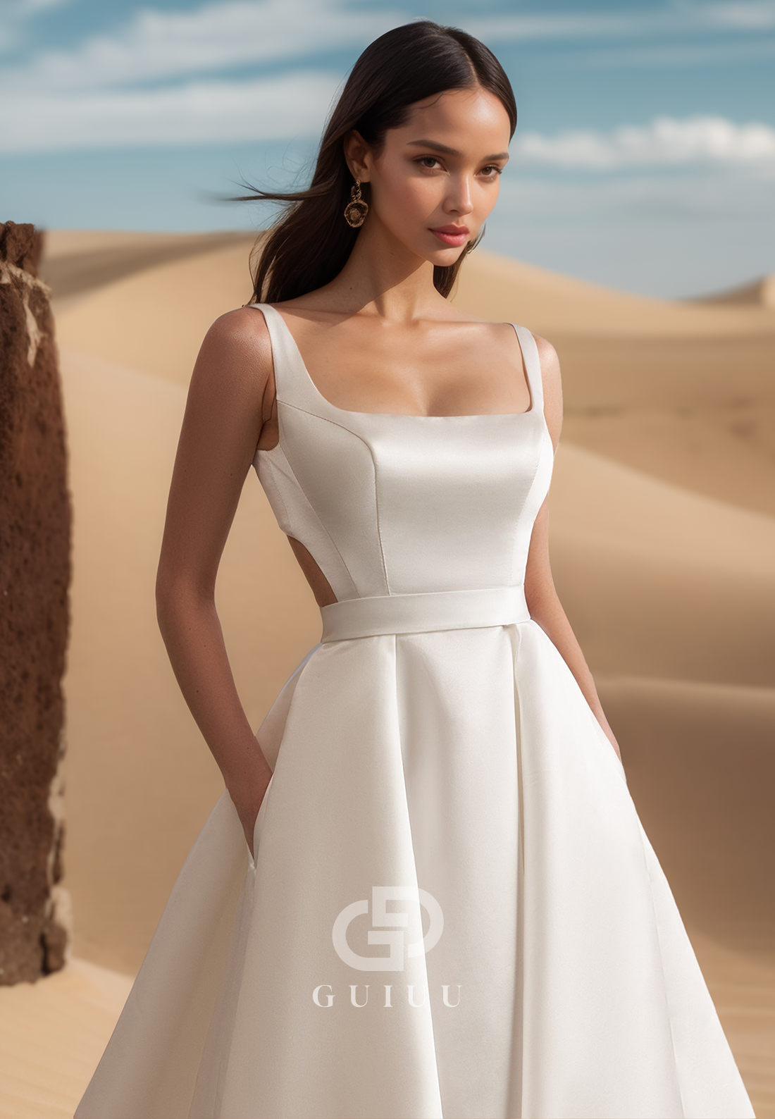 Simple Spaghetti Straps Square Empire-Waist Sweep Train Satin Wedding Dress