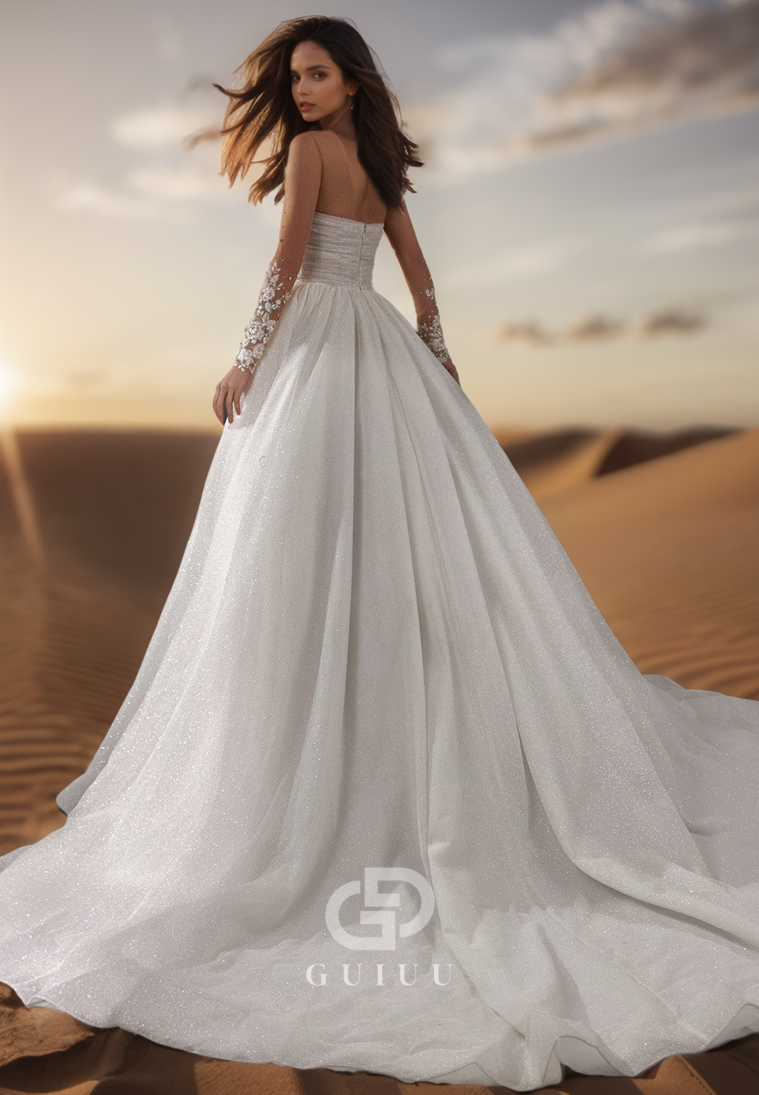 Long Sleeves Scoop Appliquies Court Train Lace Wedding Dress