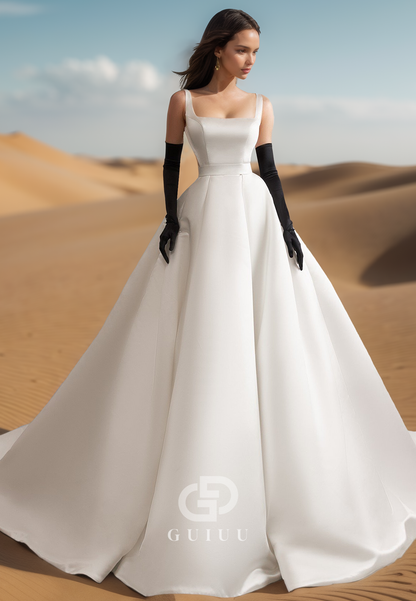 Simple Spaghetti Straps Square Empire-Waist Sweep Train Satin Wedding Dress
