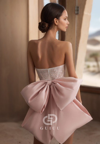A-Line Sleeveless Strapless Bowknot Short Satin Wedding Dress