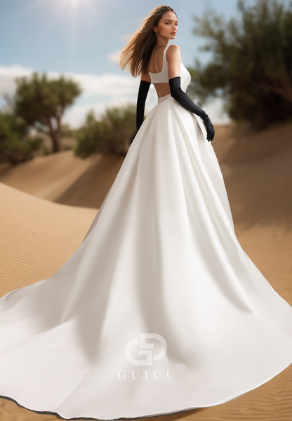 Simple Spaghetti Straps Square Empire-Waist Sweep Train Satin Wedding Dress