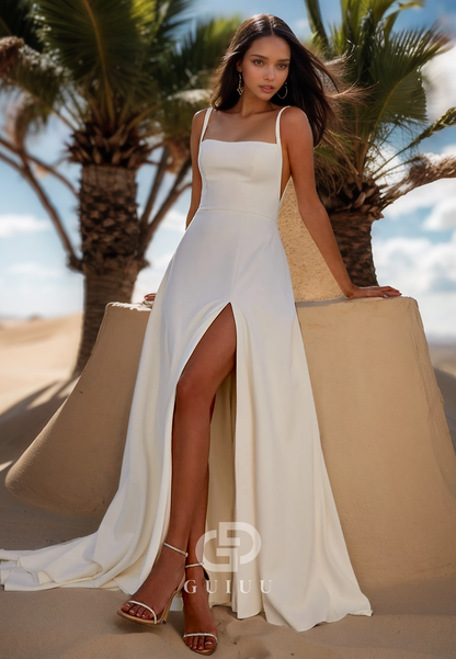 Spaghetti Straps Square Side Slit Sweep Train Satin Wedding Dress